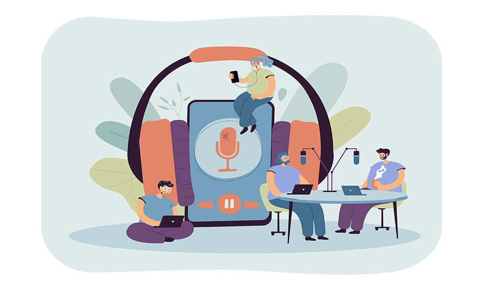 Tiny men and women listening to radio or broadcasting flat vector illustration. Cartoon people near huge smartphone with headset. Online education and podcast concept